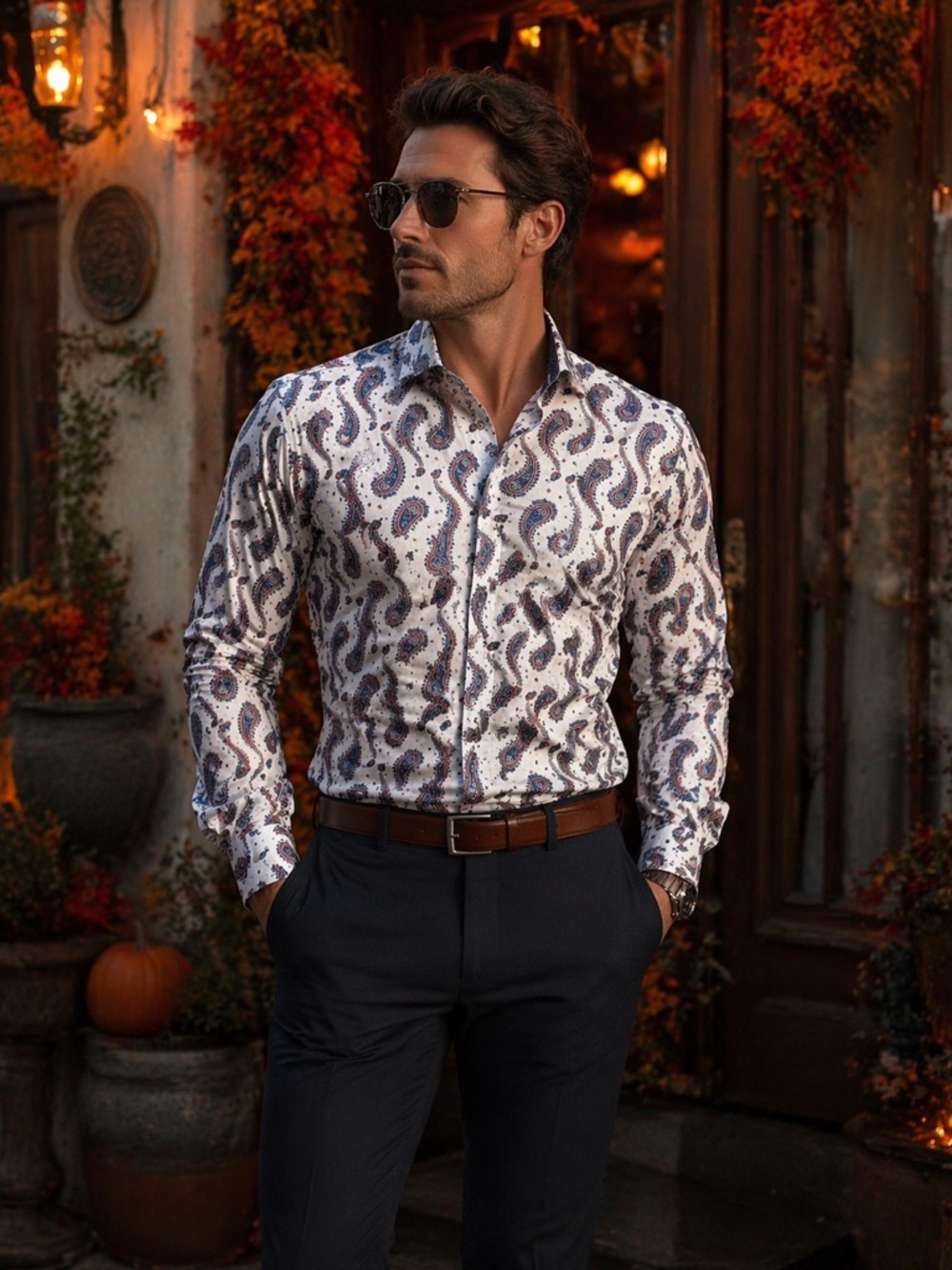 TALLIA White Paisley Button-Down Dress Shirt with Blue & Brown Accents